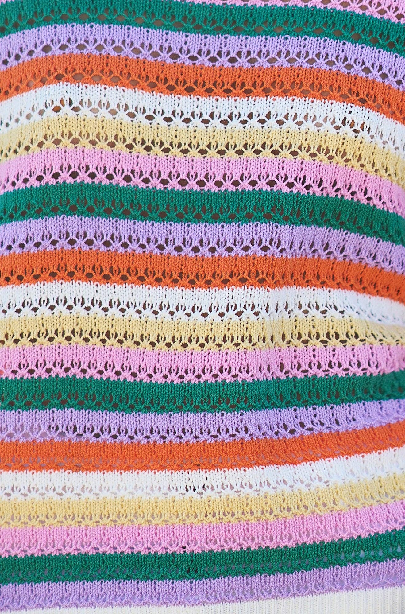 Close-up of a colorful knitted fabric with multicolor stripes.